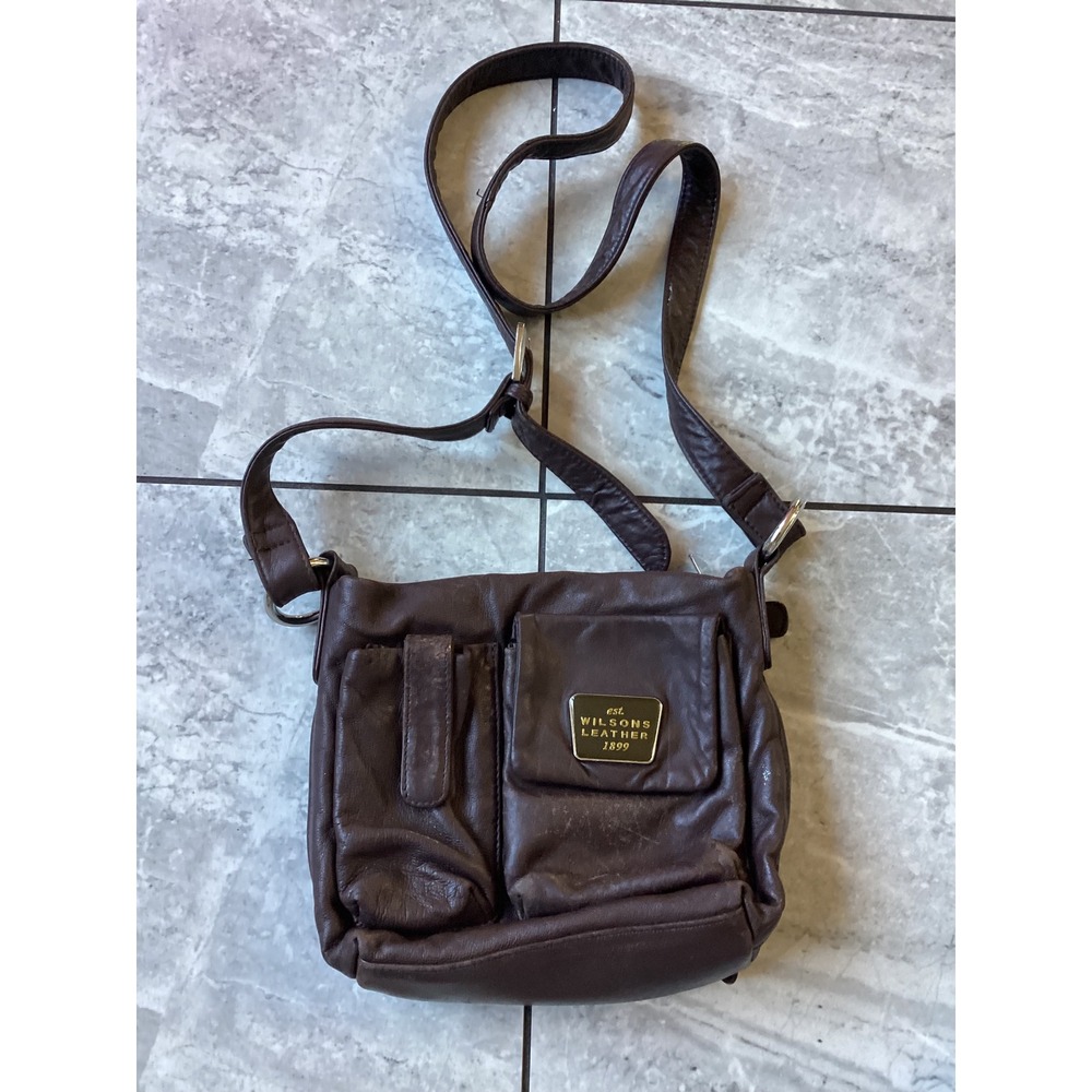 Wilsons Leather Brown Crossbody Bag Multi Pocket Utility Purse Adjustable Strap